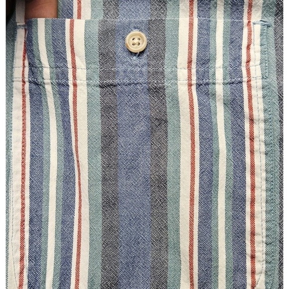 Vintage Eddie-Bauer Vertical-Stripes Shirt L Summer Style Blue Red White - Picture 3 of 9